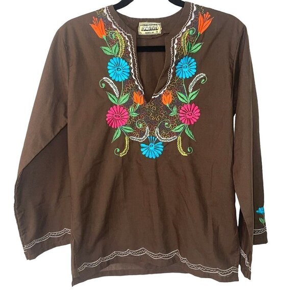 Alma Floral Embroidered Top Womens Size Medium Vintage Made In Nicaragua Brown - Picture 1 of 9